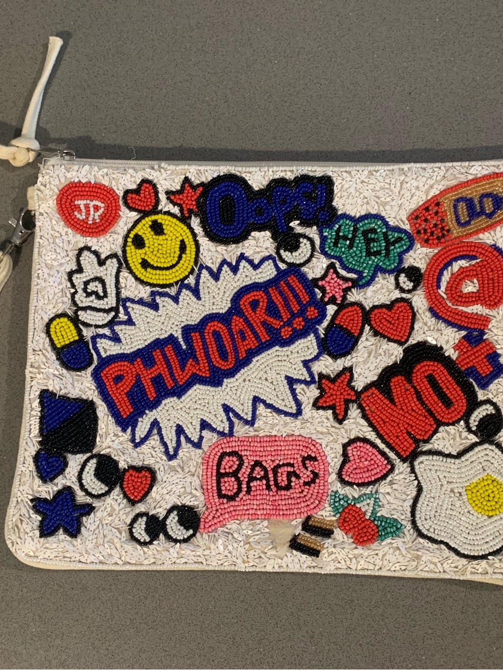 White Beaded Patchwork Clutch with Multicolor Appliqués